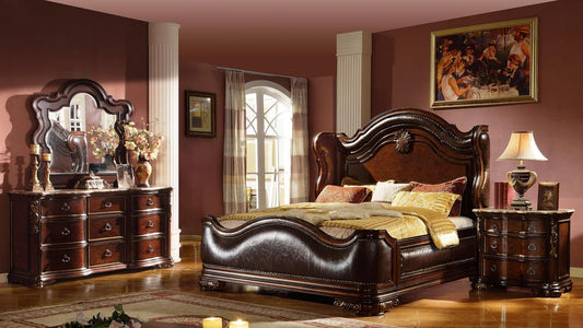 BELLA QUEEN BED DRESSER AND MIRROR SET IN WALNUT